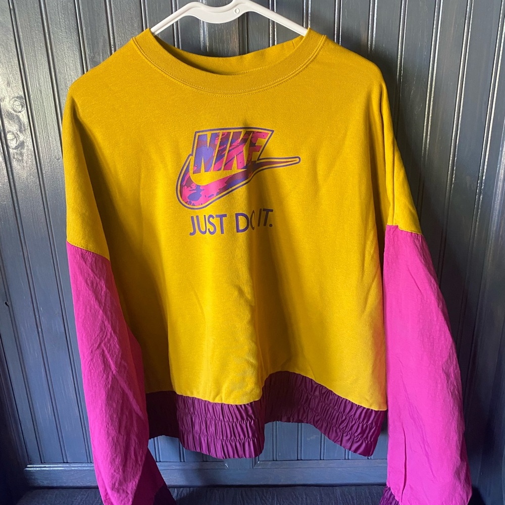 Nike Yellow and Pink Crew Neck Sweater with windbreaker sleeves